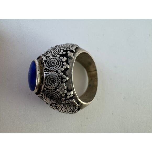 Vintage Afghan Lapis Lazuli Handmade Silver Tall Hollow Ring US Sz 8 - Picture 7 of 9